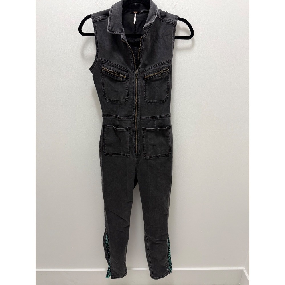 Free People Washed Black Sleeveless Denim Jumpsuit Custom Bell Bottom Size M